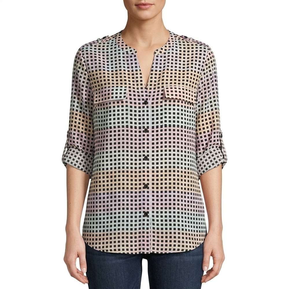 Calvin Klein Blouse Womens XL Multi Color Grid Roll Tab Sleeves V-Neck Buttons